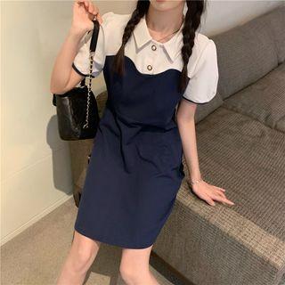 Puff-sleeve Two-tone Buttoned Dress Dark Blue - One Size