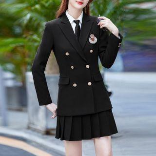 Double-breasted Blazer / Long-sleeve Plain Shirt / Mini Pleated Skirt / Set