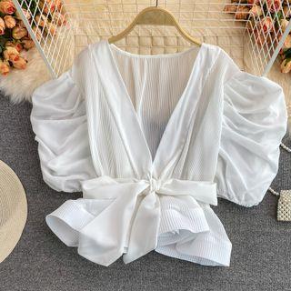 Plain V-neck Puff Sleeve Ruched Blouse