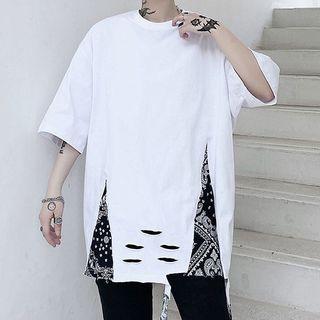Patterned Panel Distressed Elbow-sleeve T-shirt