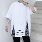 Patterned Panel Distressed Elbow-sleeve T-shirt