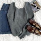 Long-sleeve Plain Square-neck Knit Sweater Gray - One Size