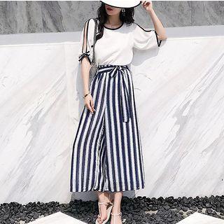 Set: Contrast Trim Elbow Sleeve T-shirt + Striped Wide Leg Pants