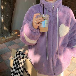Long-sleeve Heart Printed Fleece Jacket Purple - One Size