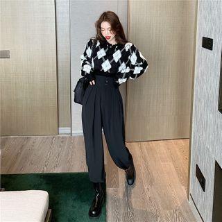 Crewneck Plaid Sweater / High Waist Wide Leg Pants