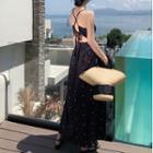 Spaghetti Strap Dotted A-line Maxi Dress Black - One Size
