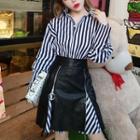 Single-breasted Long-sleeve Blouse + High-waist Zip Faux Leather Skirt