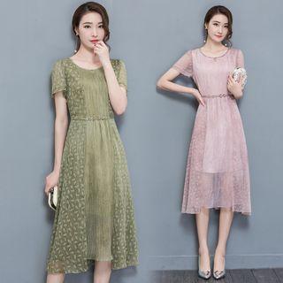 Short-sleeve Crewneck Chiffon A-line Long Sheath Dress