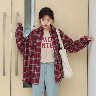 Dual-pocket Plaid Shirt Wine Red - One Size