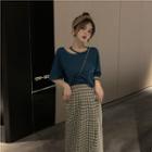 Plain Cut Out Short-sleeve Top / Color-block Check High-waist Skirt