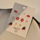 6 Pair Set: Cartoon Alloy Earring (various Designs) Set Of 6 Pairs - Red & White - One Size