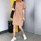 Plaid Short-sleeve Polo Shirt Dress As Shown In Figure - One Size