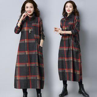 Plaid Turtleneck Long-sleeve Midi A-line Dress