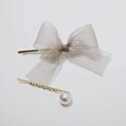 Set Of 2: Organza Bow / Faux Pearl Hair Pin Set Of 2 - As Shown In Figure - One Size