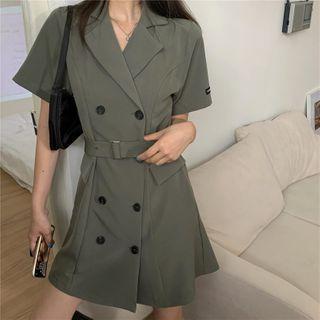 Short-sleeve Double Breasted Tie-waist Coat Dress Army Green - One Size