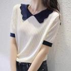 Short-sleeve Collar Contrast Trim Knit Top White - One Size