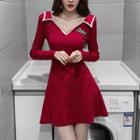 Long-sleeve Collared V-neck Lettering Mini A-line Dress