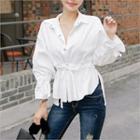 Drawstring-waist Tie-cuff Corduroy Blouse