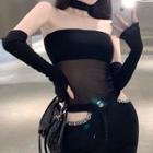 Halter Mesh Panel Camisole Top With Arm Sleeves / Cutout Skinny Jeans