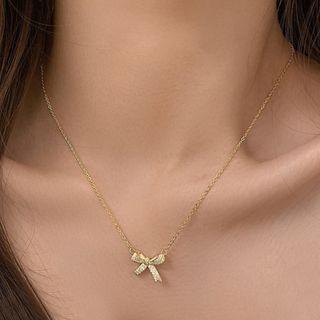 Bow Rhinestone Pendant Necklace 1 Pc - Bow Rhinestone Pendant Necklace - Gold - One Size