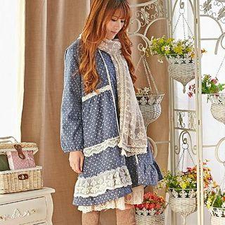 Long-sleeve Lace-trim Floral Dress