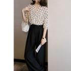 3/4-sleeve Dotted Blouse / Plain Wide-leg Pants