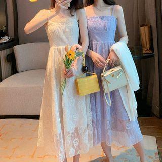 Lace Panel Short-sleeve Midi A-line Dress / Strappy Dress