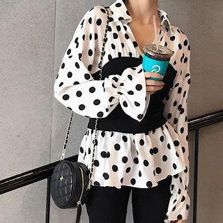 Set: Gather Waist Dotted Print Top + Asymmetric Boot-cut Pants