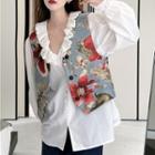Long-sleeve V-neck Ruffled Blouse / Floral Print Button Vest