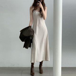 Spaghetti Strap Scoop Neck Plain Satin Maxi Dress