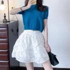Set: Short Sleeve Mock Neck Top + Mini Lace A-line Skirt