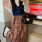 V-neck Check Panel A-line Overall Dress Check Skirt - One Size