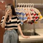 Elbow-sleeve Collared Striped Crop Knit Top