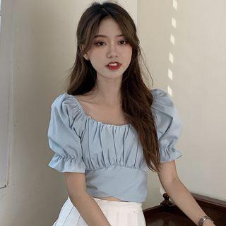 Puff-sleeve Ruched Tie-back Cropped Blouse