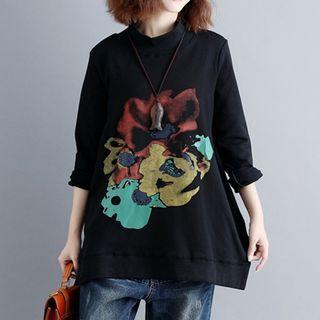 Mock-neck Printed Pullover Black - One Size