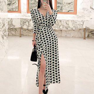 Printed Long-sleeve Wrap Midi Sheath Dress