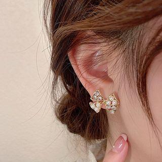 Faux Pearl Bow Stud Earring Eh1466 - White & Gold - One Size