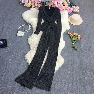 Set: Long-sleeve V-neck Top + High Waist Wide Leg Pants