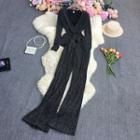 Set: Long-sleeve V-neck Top + High Waist Wide Leg Pants