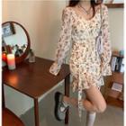 Bell-sleeve Floral Printed V-neck Lace-up Mini Dress