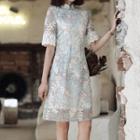 Elbow-sleeve Traditional Chinese Floral-pattern A-line Dress