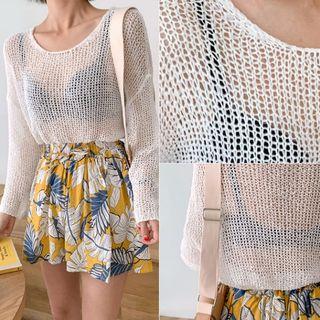 Drop-shoulder See-through Knit Top