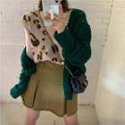 Leopard Print Knit Vest / Pointelle Cardigan / A-line Skirt