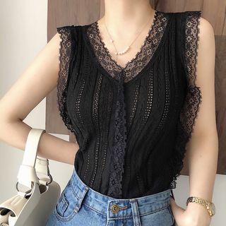 Sleeveless Lace-trim Light Knit Top