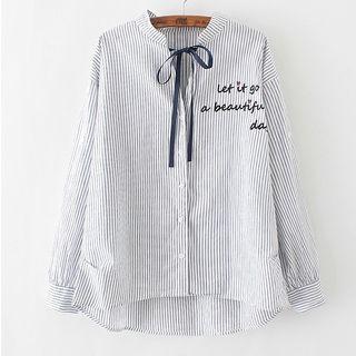Ribbon Letter Pinstriped Long-sleeve Blouse