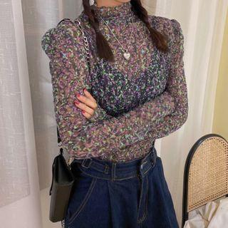 Long-sleeve Floral Lace Mock-neck Top