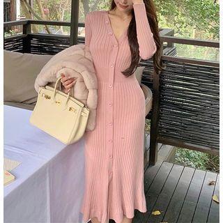 Long-sleeve V-neck Button-up Knit Midi Sheath Dress