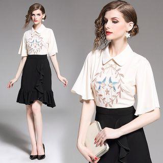 Batwing Sleeve Embroidered A-line Dress