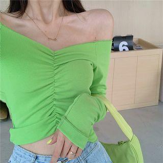 Long-sleeve Crinkled Off Shoulder Cropped T-shirt