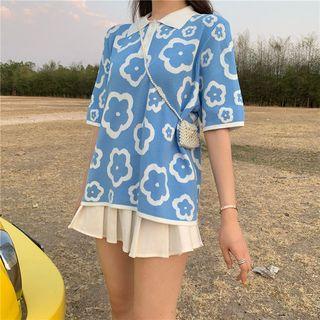 Pleated Mini Skirt / Elbow-sleeve Placket Knit Top